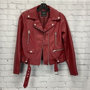 Zara Faux Leather Zip Moto Jacket Women's M Burgandy Belted Bikercore Pockets